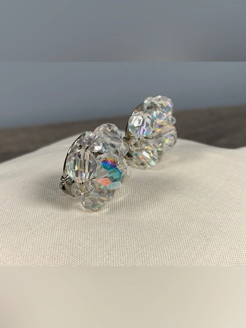 Vintage Beaded Cluster AB Iridescent Clip On Earrings Clear